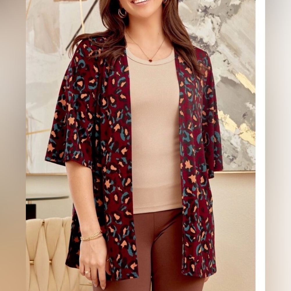 Dear Scarlett Burgundy Animal Print Open Cardigan NWOT
